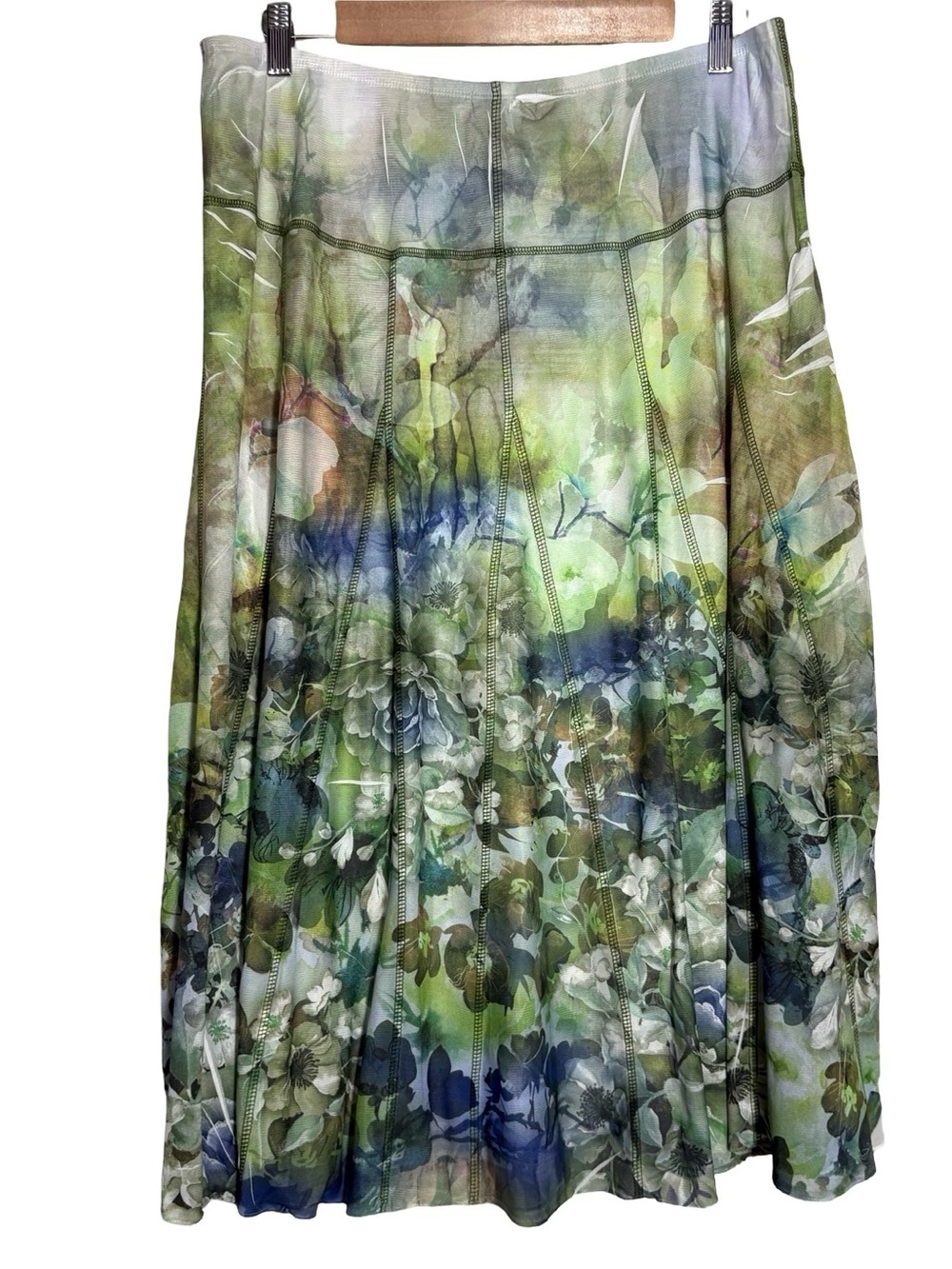 ONE WORLD Green and Blue Floral Pleated Midi Skirt - Picture 3 of 4